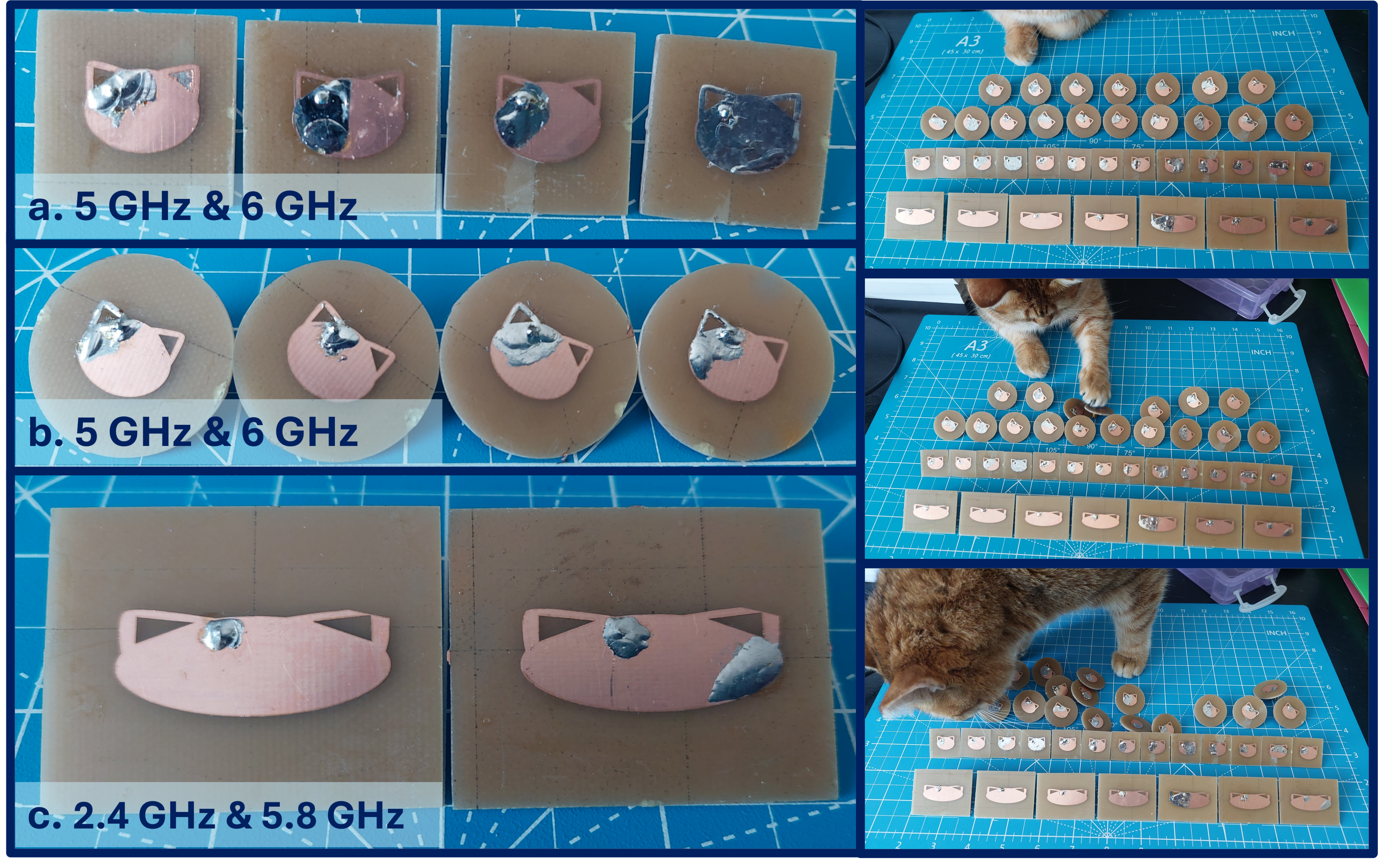Experimental samples of WiFi antennas with copper conductors shaped like cats.